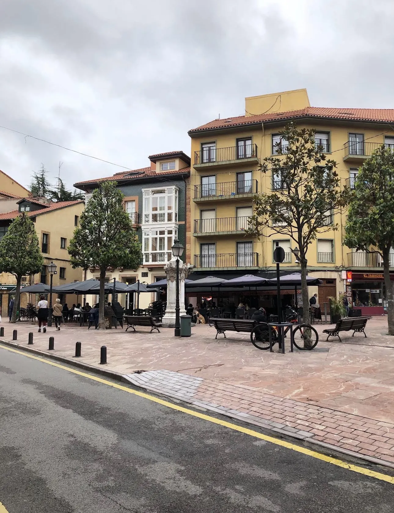 Terrazas bajo sombrillas en una plaza con árboles y edificios de colores